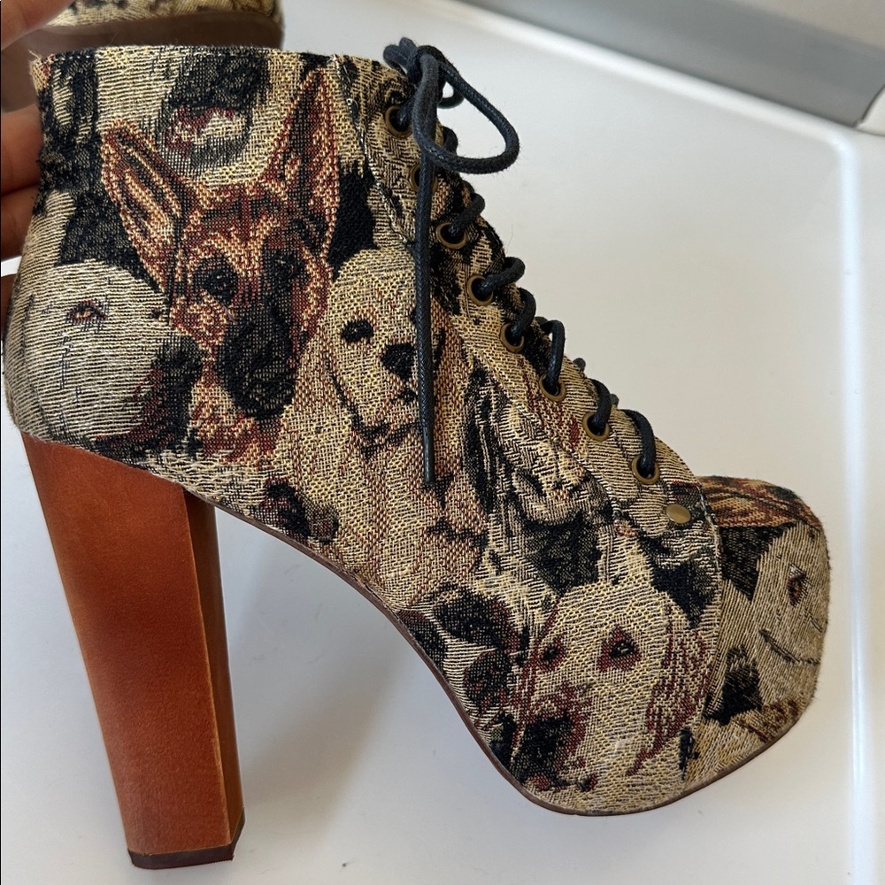 Jeffrey Campbell Lita Fab Platform Ankle Boots in Dog Tapestry Size 6 Lace Up - Picture 6 of 16